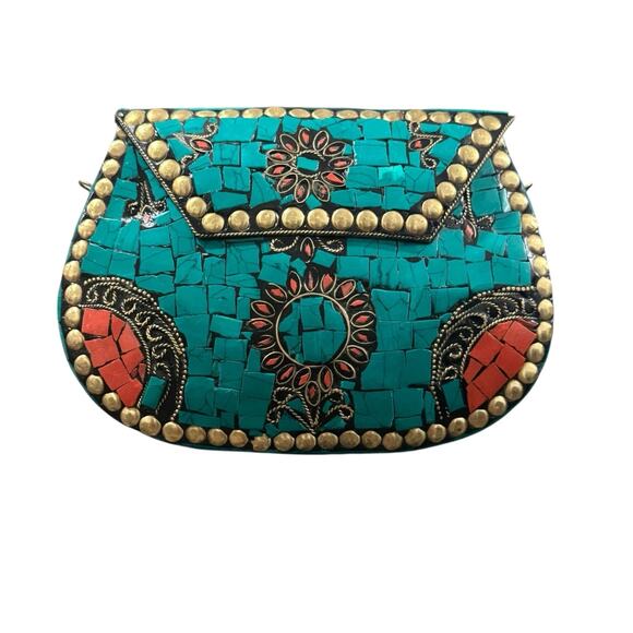 Ramla Handbags - Ramla Handmade Moroccan Turquoise Tile Mosaic Clutch Crossbody with Gold Chain